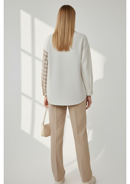 Kadın Bej Oversize Fit Ekoseli Desenli Uzun Kollu %100 Pamuk Gömlek, Ceket, Kadın Oduncu Gömlek fırsatları