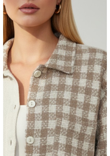 Kadın Bej Oversize Fit Ekoseli Desenli Uzun Kollu %100 Pamuk Gömlek, Ceket, Kadın Oduncu Gömlek indirimleri