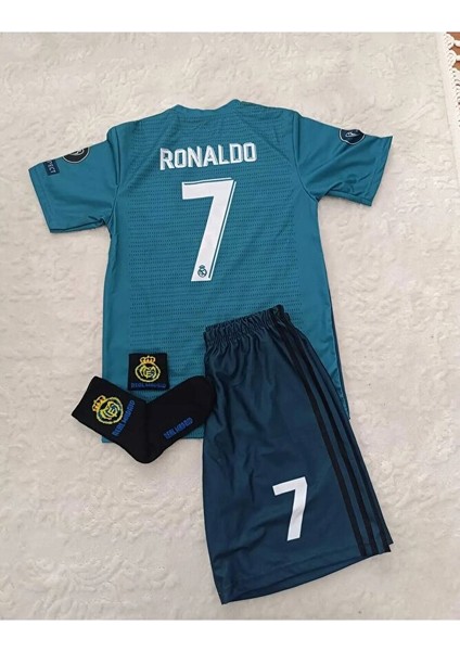 R.e.a.l M.a.d.r.i.d 2018 Cristiano Ronaldo Turkuaz Röveşata Çocuk Forması 4'lü Set (Armalı) modelleri