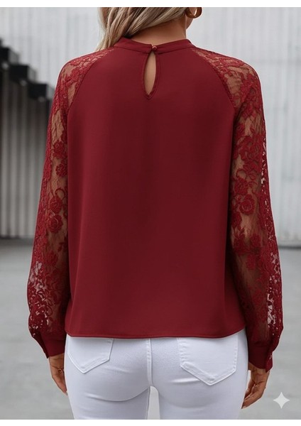 Kadın Uzun Dantel Kollu Yuvarlak Yakalı Sandy Bluz fırsatları