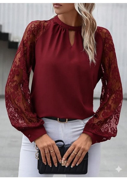Kadın Uzun Dantel Kollu Yuvarlak Yakalı Sandy Bluz modelleri
