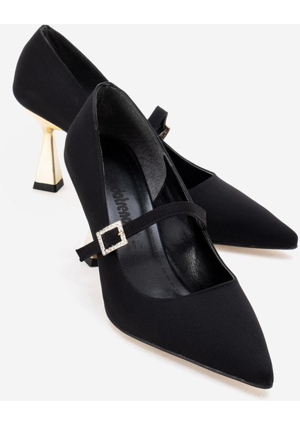 Kadın Biyeli Tokalı Topuklu Ayakkabı; Siyah Zra