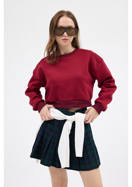 Bordo Kadın Crop Bisiklet Yaka Sweatshirt 9210M fiyatları