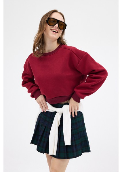 Bordo Kadın Crop Bisiklet Yaka Sweatshirt 9210M modelleri