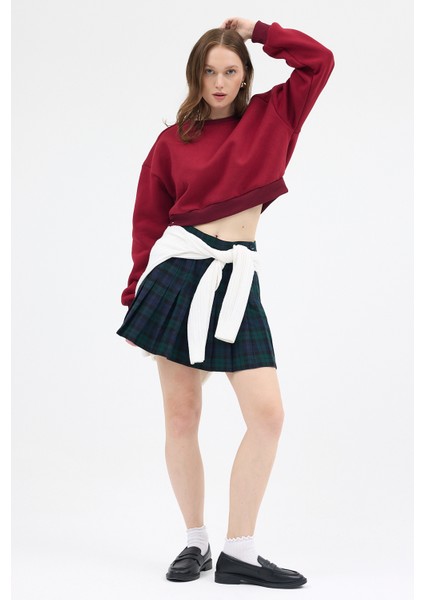 Bordo Kadın Crop Bisiklet Yaka Sweatshirt 9210M fırsatları