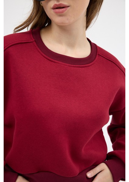 Bordo Kadın Crop Bisiklet Yaka Sweatshirt 9210M indirimleri