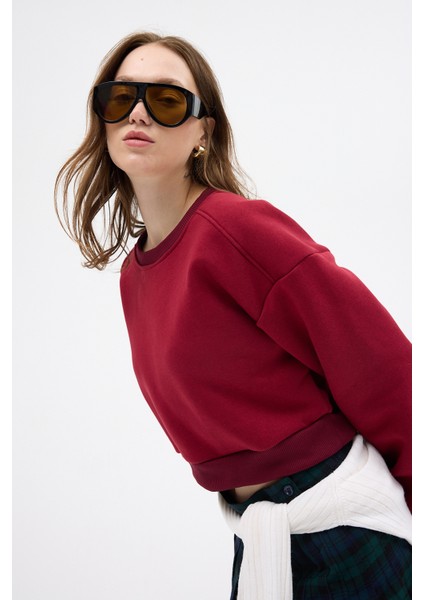Bordo Kadın Crop Bisiklet Yaka Sweatshirt 9210M