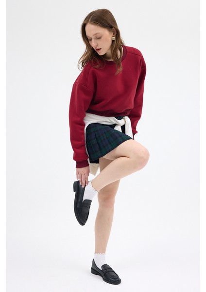 Bordo Kadın Crop Bisiklet Yaka Sweatshirt 9210M