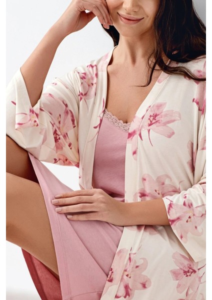 9057 Kadın Sabahlıklı Ip Askılı Gecelik Takımı-Krem