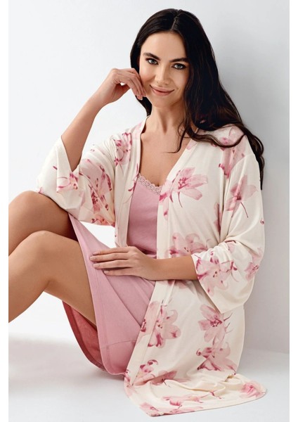 9057 Kadın Sabahlıklı Ip Askılı Gecelik Takımı-Krem fiyatları