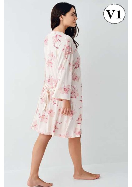 9057 Kadın Sabahlıklı Ip Askılı Gecelik Takımı-Krem indirimleri