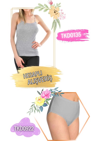 Kadın Ribana Ip Askılı Atlet ve Desenli Külot Takım 6'lı Set (12 Parça) TKD0135 - TKD0922