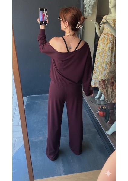 Kadın Uzun Kollu Tek Omuzdan Açık Viskon Iki Iplik Bluz ve Pantolon Ikili Takım modelleri