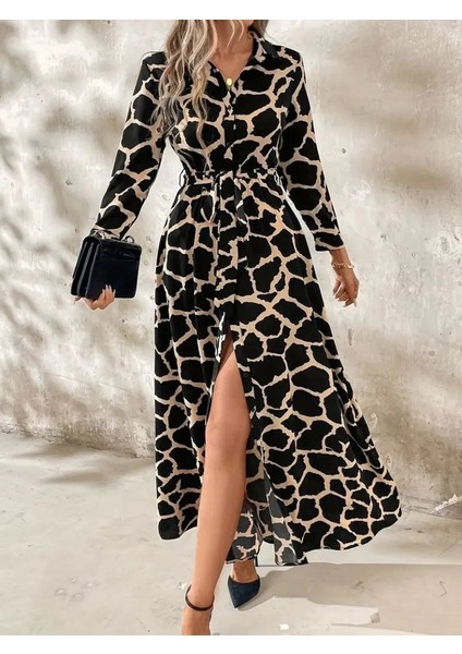 Kadın Uzun Kollu Yakalı Önü Düğmeli Desenli Belden Kuşaklı Uzun Süprem Elbise fiyatları