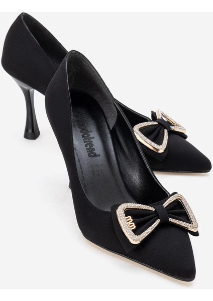 Kadın Taşlı Papyonlu Topuklu Ayakkabı Siyah Zra