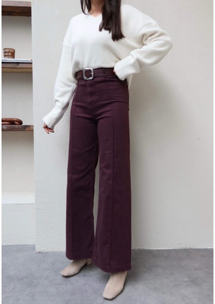 Dikiş Detaylı Geniş Paça Likralı Pantolon