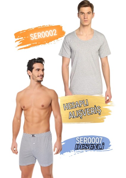 Erkek Yuvarlak Yaka Penye Atlet ve Desenli Boxer Takım 6'lı Set (12 Parça) SER0002 - SER0007
