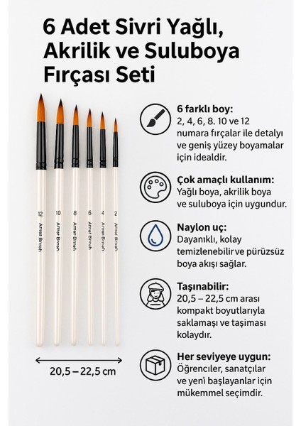 6 Adet Sivri Yağlı Akrilik ve Suluboya Fırçası Takımı Naylon Fırça Seti CIN686 modelleri