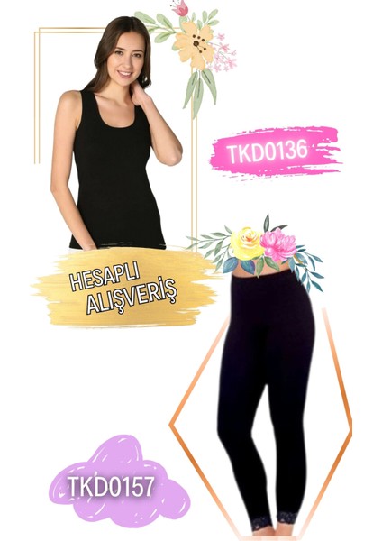 Kadın Ribana Geniş Askılı Atlet ve Uzun Tayt Dantelli Paça Takım 6'lı Set (12 Parça) TKD0136 - TKD0157
