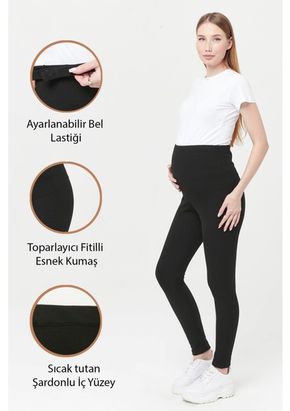 MYRA8068 Toparlayıcı Fitilli Termal Içi Şardonlu Sıcak Tutan Beli Ayarlanabilir Hamile Tayt -Siyah