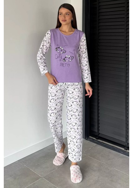 Kadın Çift Renkli Bisiklet Yaka Baskılı Pijama Takımı P-00018726