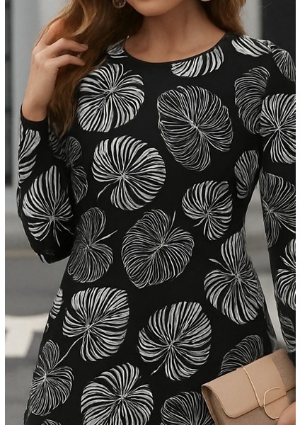 Kadın Uzun Kollu Bisiklet Yaka Desenli Kısa Krep Elbise fiyatları