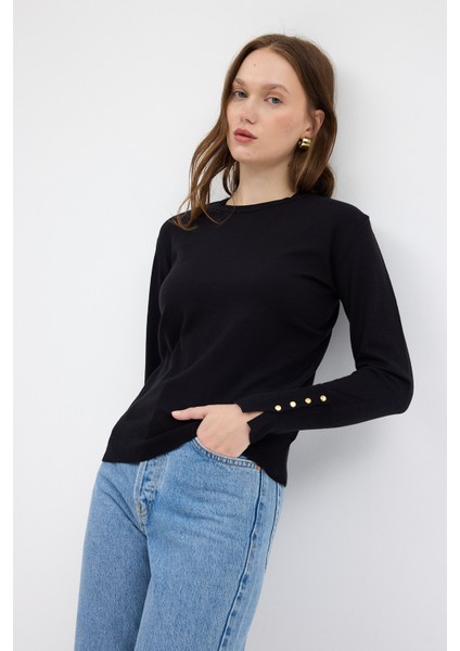 Siyah Bisiklet Yaka Kol Düğmeli Kadın Triko Kazak 2455