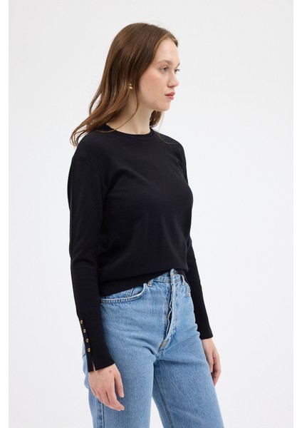 Siyah Bisiklet Yaka Kol Düğmeli Kadın Triko Kazak 2455