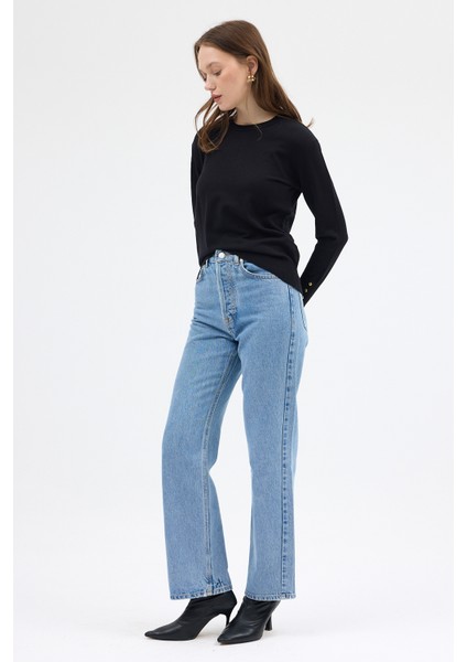 Siyah Bisiklet Yaka Kol Düğmeli Kadın Triko Kazak 2455