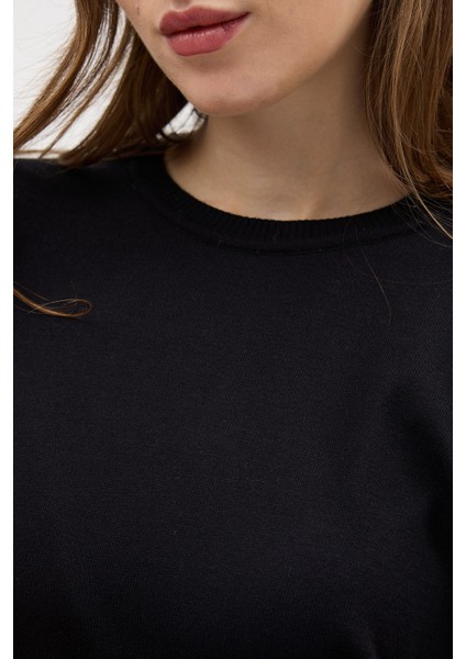 Siyah Bisiklet Yaka Kol Düğmeli Kadın Triko Kazak 2455