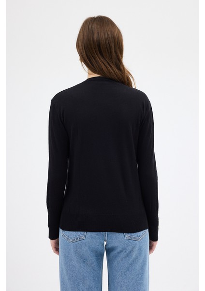 Siyah Bisiklet Yaka Kol Düğmeli Kadın Triko Kazak 2455