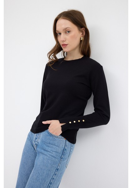 Siyah Bisiklet Yaka Kol Düğmeli Kadın Triko Kazak 2455