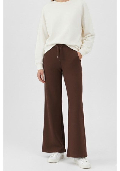 Pamuklu Kadın Eşofman Altı Yüksek Bel Flare Fit Geniş Paça Ipli Cepli Esnek Yumuşak Likra Acı Kahve fiyatları
