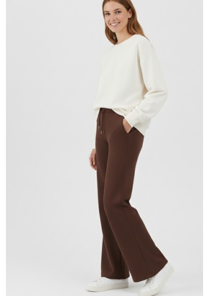 Pamuklu Kadın Eşofman Altı Yüksek Bel Flare Fit Geniş Paça Ipli Cepli Esnek Yumuşak Likra Acı Kahve fırsatları