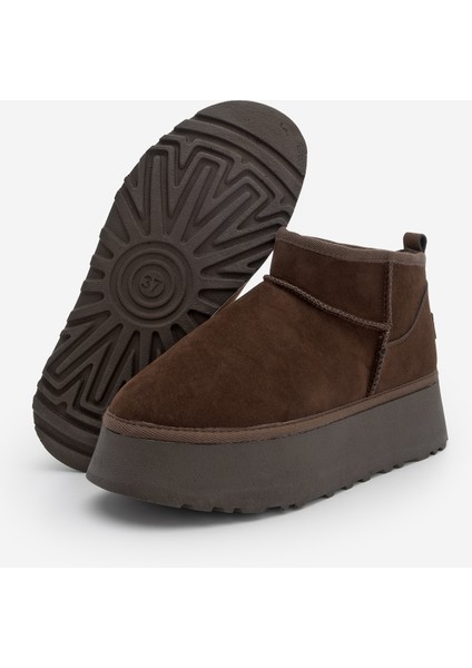 Kadın Kalın Taban İçi Kürklü Yarım Bot Tefis Kahve Süet