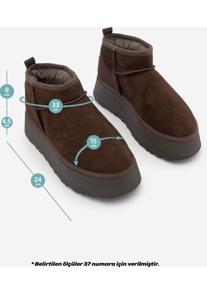Kadın Kalın Taban İçi Kürklü Yarım Bot Tefis Kahve Süet