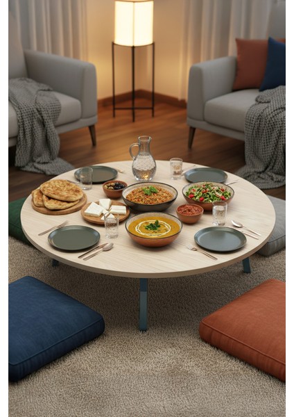 Ahşap Desenli Metal Katlanır Ayaklı Kamp Bahçe Ev Için Yuvarlak Yer Sofrası