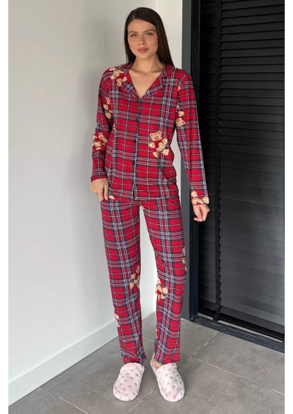 Kadın Ön Düğmeli Uzun Kol Ekose Desenli Pijama Takımı P-00018719