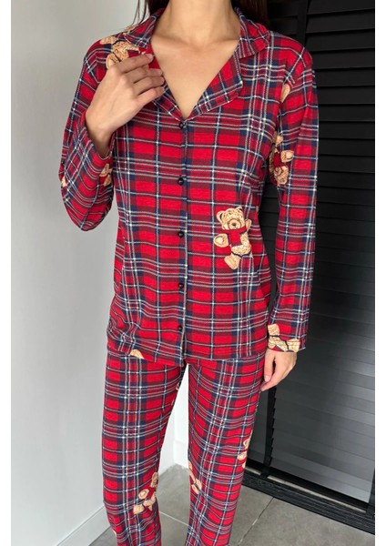 Kadın Ön Düğmeli Uzun Kol Ekose Desenli Pijama Takımı P-00018719 modelleri