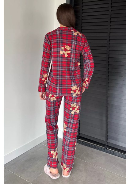 Kadın Ön Düğmeli Uzun Kol Ekose Desenli Pijama Takımı P-00018719 fırsatları