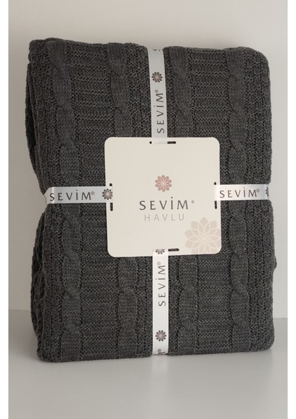 Çift Kişilik Ponponlu Triko Örme Battaniye - Modern & Şık Yatak Örtüsü - Koyu Gri - 220x240 cm modelleri