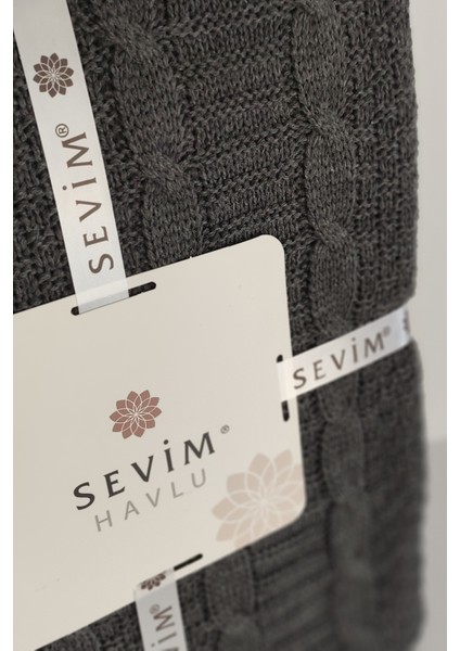 Çift Kişilik Ponponlu Triko Örme Battaniye - Modern & Şık Yatak Örtüsü - Koyu Gri - 220x240 cm fırsatları