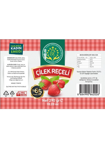 Doğal Çilek Reçeli 290GR (% 65MEYVE) indirimleri