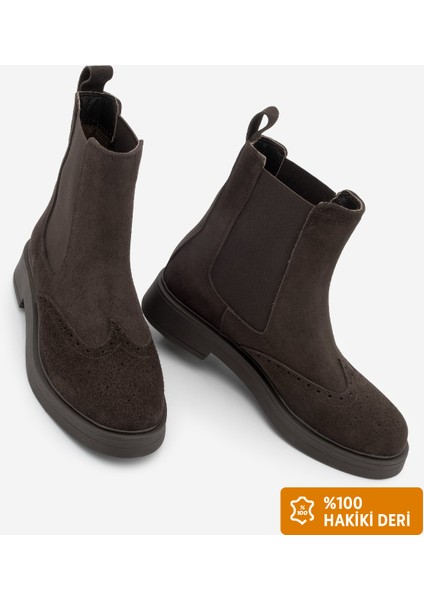 Kadın Hakiki Deri Elastik Yan Bantlı Günlük Bot Yestin Kahve Süet