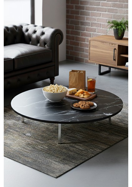 Siyah Mermer Desenli Metal Katlanır Ayaklı Kamp Bahçe Ev ve Oyun Için Yuvarlak Yer Sofrası