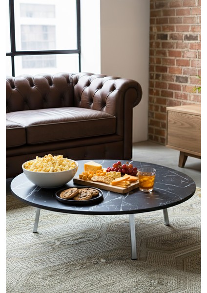 Siyah Mermer Desenli Metal Katlanır Ayaklı Kamp Bahçe Ev ve Oyun Için Yuvarlak Yer Sofrası modelleri