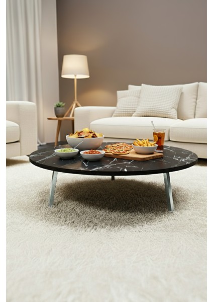 Siyah Mermer Desenli Metal Katlanır Ayaklı Kamp Bahçe Ev ve Oyun Için Yuvarlak Yer Sofrası indirimleri