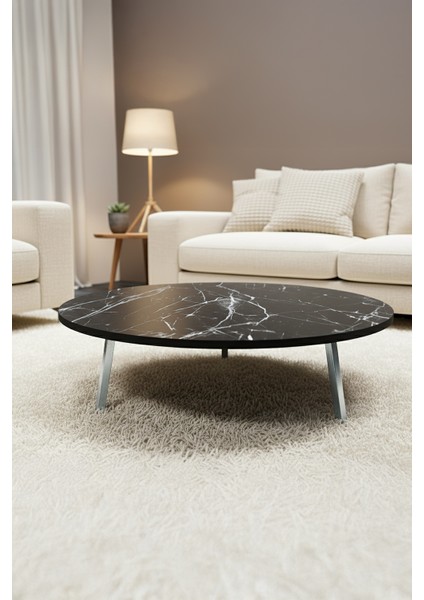 Siyah Mermer Desenli Metal Katlanır Ayaklı Kamp Bahçe Ev ve Oyun Için Yuvarlak Yer Sofrası