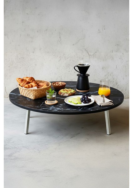 Siyah Mermer Desenli Metal Katlanır Ayaklı Kamp Bahçe Ev ve Oyun Için Yuvarlak Yer Sofrası