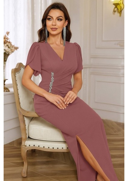 Kadın Kısa Kollu Kruvaze Yakalı Belden Çiçek Aksesuarlı Yırtmaçlı Ithal Krep Elbise modelleri